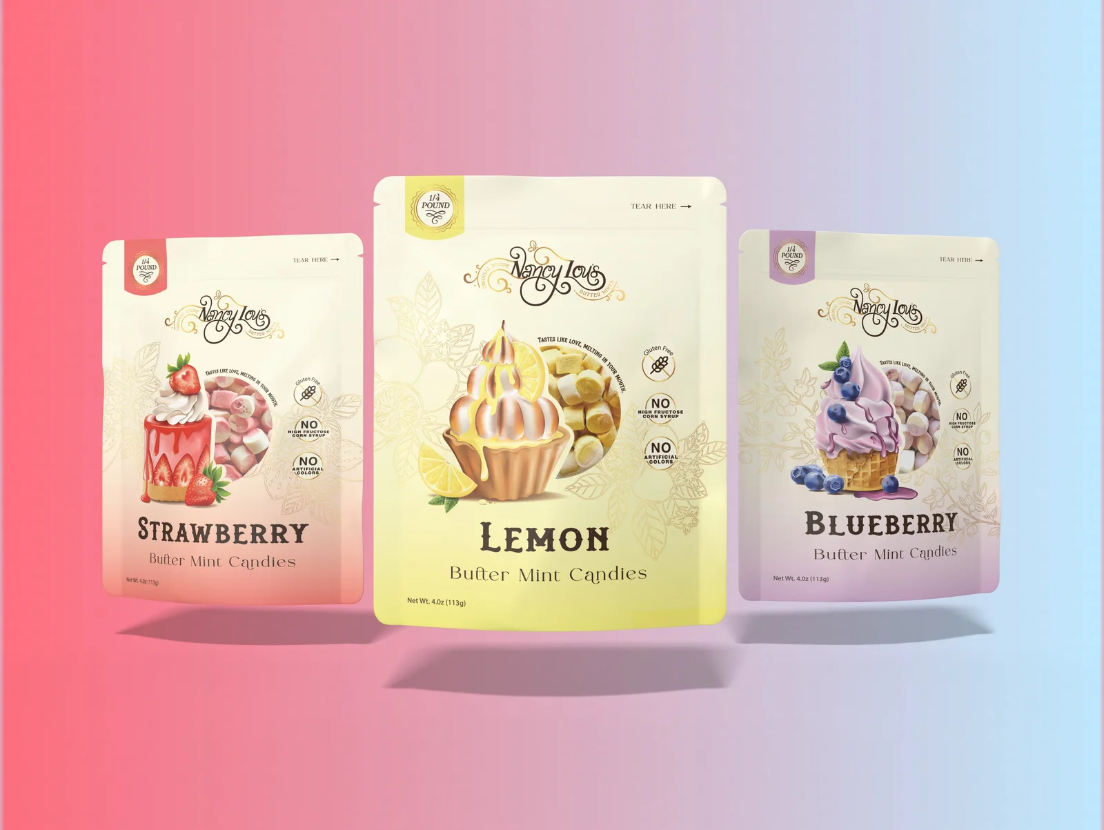 Nancy Lou's Buttermints packages in strawberry, lemon, and blueberry flavors
